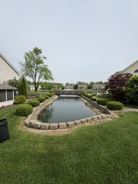 Before trimming: rounded shrubs along both sides of a pond