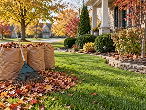 Raked leaves and bags in a tidy autumn yard