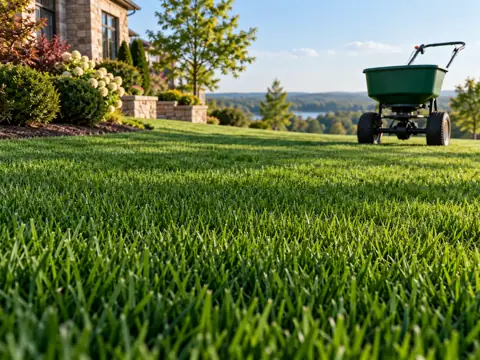 Green lawn with a fertilizer spreader